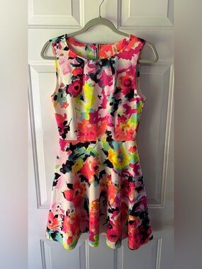 LARA Floral watercolor midi fit and flare dress Sz XS Boho coquette colorful EUC